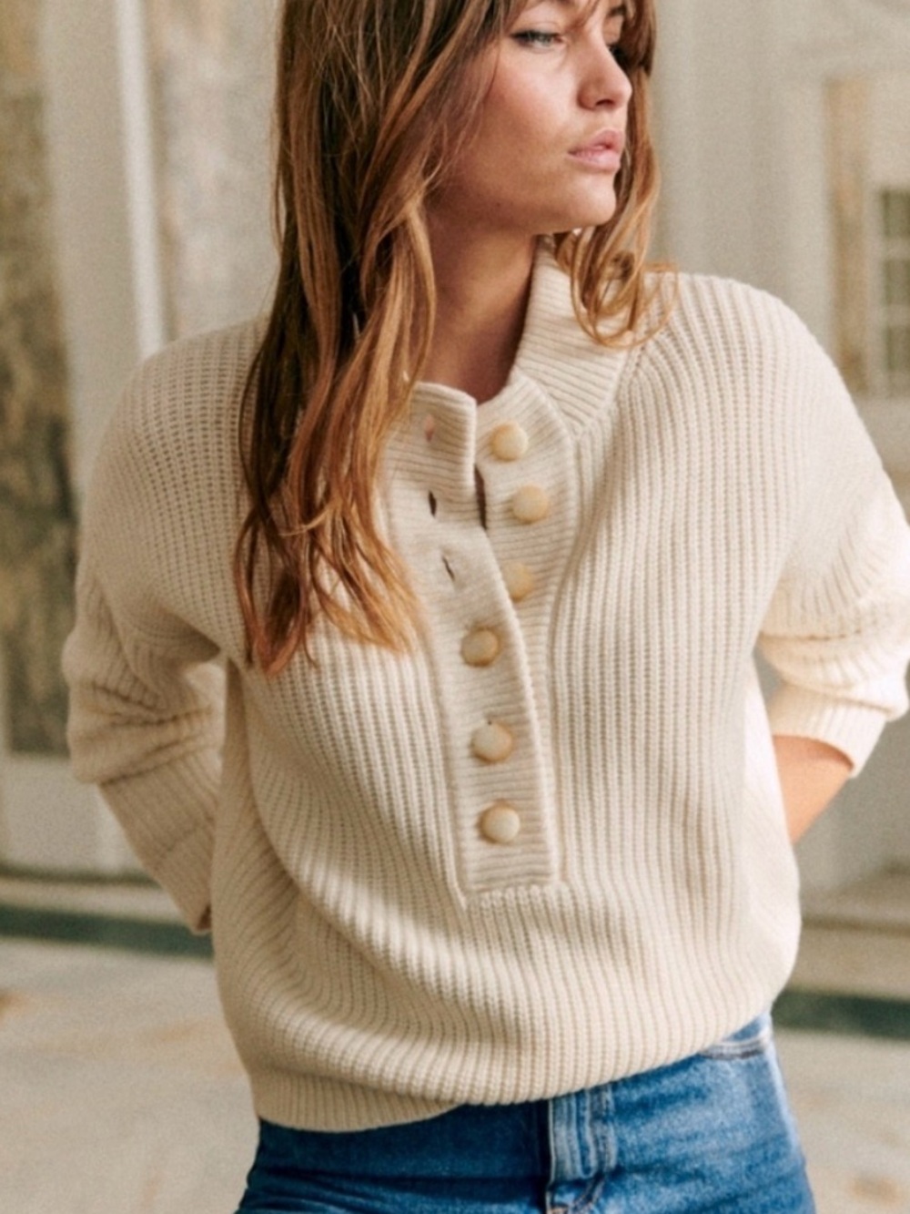 Sézane Lucas Jumper Sweater XS Merino Wool Blend Cozy Knit Pullover Ivory Preppy